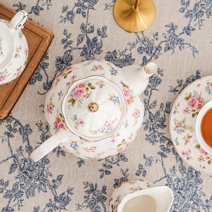 Flower Ceramic Teapot,22oz Porcelain Tea pot for Tea Coffee Milk for Office Home Men Women as Gift(White and small flowers) - Bloomnest