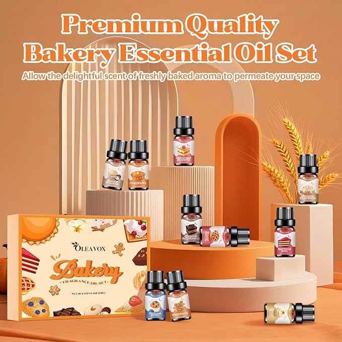 Bakery Essential Oils Set,Premium Fragrance Oil for Diffusers, Scents for Candle & Soap Making, Pumpkin Pie, Cream Vanilla, Gingerbread,Cinnamon Sugar Donut and Cake More 10x5ml,Aromatherapy Oils - Bloomnest