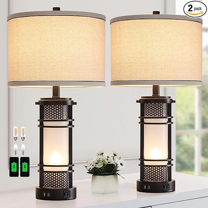 Set of 2 Modern Table Lamps for Living Room, Contemporary Nightstand Lamp with Dual USB Port, Bedside Lamps with White Frosted Glass Night Light for Bedroom, 4 Bulbs Included (Black) - Bloomnest