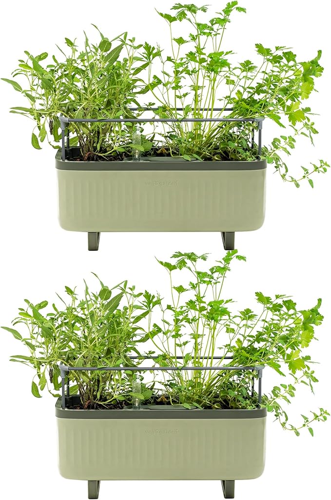Vego Garden 2 Pack Herb Indoor Plant Box, Self Watering Planters Pots with Trellis for Kitchen Window Sill or Countertop Plants Cage - Sage Green - Bloomnest