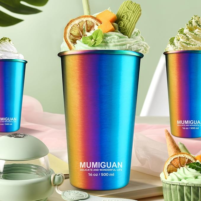 Stainless Steel Cups for Kids 16oz/500ml (4 Pack), Children's Rainbow Electroplating Cups, Camping Stainless Steel Cups, Stackable Metal Drinking Glasses, Toddler Stainless Steel Tumbler, BPA Free - Bloomnest