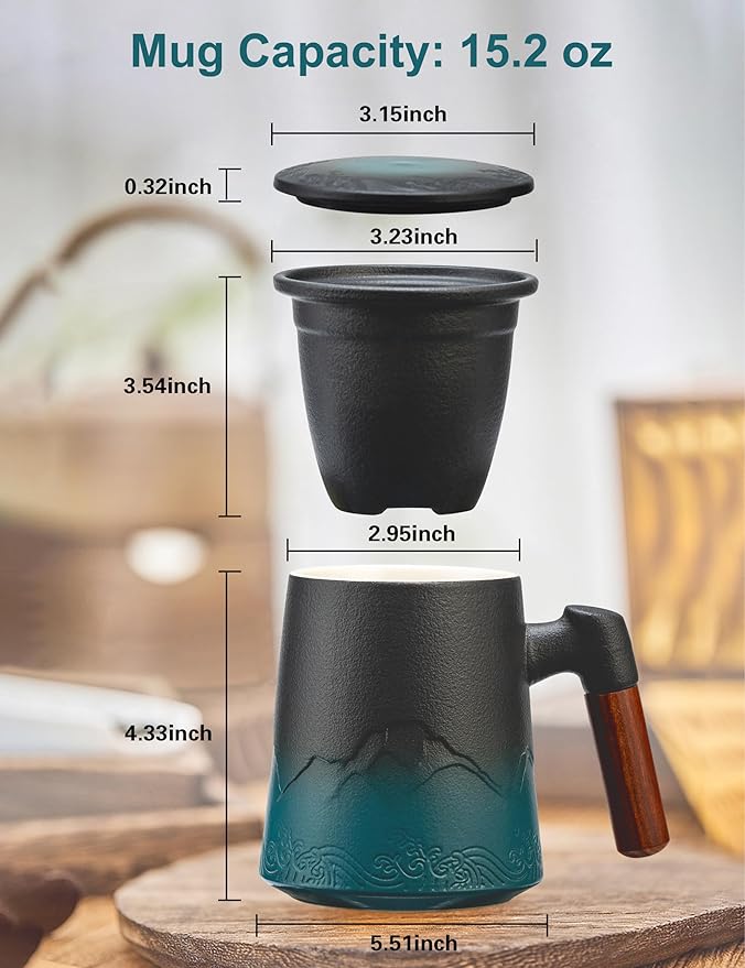 suyika Tea Cup with Infuser and Lid, 15.2 Ounce Wood Handle Ceramic Loose Leaf Mug Gradient Black&Green 450ml