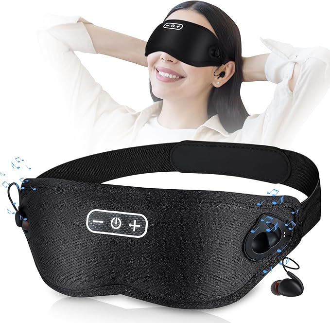 White Noise Sleep Mask, Breathable 3D Soft Eye Mask with Earplugs for Side Sleepers, Blackout 3D Contoured Eye Cover with Adjustable Strap for Women Men, no Bluetooth, no APP(Black) - Bloomnest