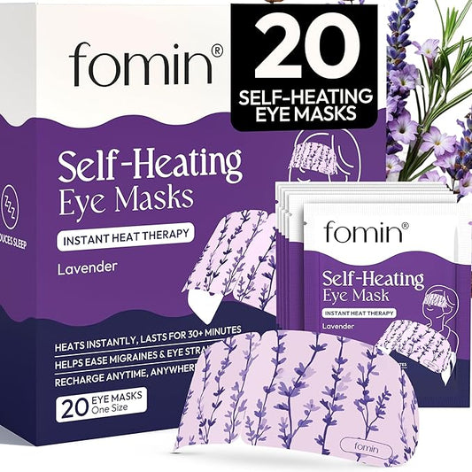 Fomin Self Heating Eye Mask - 20 Pack - Lavender Heated Eye Mask Warm Compress for Eyes, Disposable Self Heating Steam Mask for Home, Sleep, Spa, Travel Essentials & Relaxation Gifts for Women