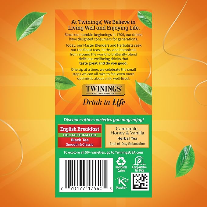 Twinings Decaffeinated Irish Breakfast Black Tea Individually Wrapped Bags, 20 Count (Pack of 6), Flavourful, Robust, Enjoy Hot or Iced, 120 Teabags - Bloomnest