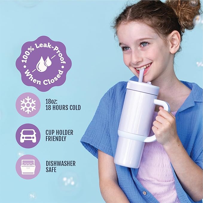 Ello Oasis 18oz Stainless Steel Kids Tumbler with Handle & Retracting Straw, 100% Leakproof, Double-Wall Vacuum Insulated, Kids Water Bottle for School, BPA Free, Dishwasher Safe, Purple Holographic - Bloomnest