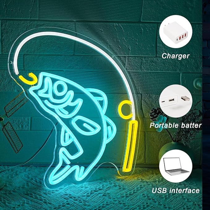 Fishing Neon Sign for Wall Decor Fish Neon Light Fishing Hook Neon Light Sign Go Fishing LED Light for Fishing Shop Fishing Gear Store Fisher Club Room Man Cave - Bloomnest