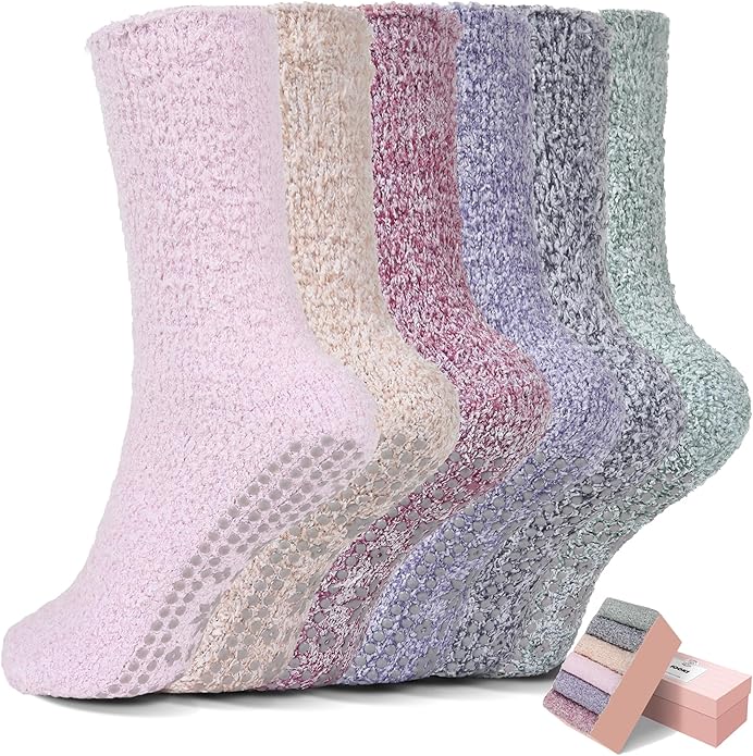 HUGSWEET 6 Pairs Thick Fuzzy Socks with Grip Cozy Non Slip Hospital Socks Home Fluffy Warm Slipper Socks Gifts for Women - Bloomnest