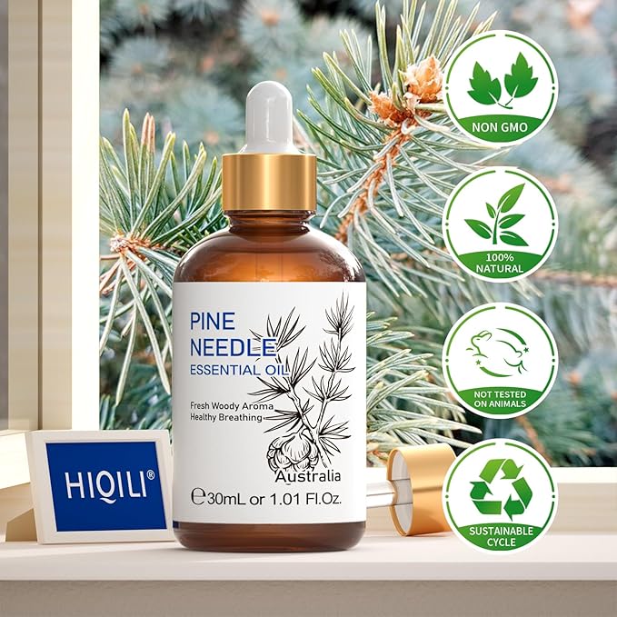 HIQILI Pine Needle Essential Oil, Strong Fresh Woody Fragrance for Better Breath Used with Aromatherapy Diffuser, Soap Candle Making Scent, DIY Perfume, Beard Shave and Cleaning Spray - 30ml - Bloomnest