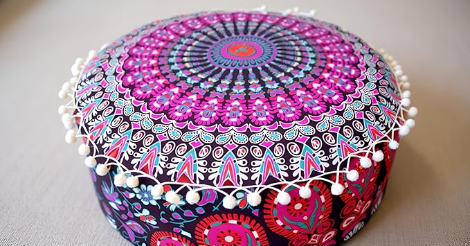 INDIAN CRAFT CASTLE ICC Mandala Barmeri Large Floor Pillow Cover Cushion Meditation Seating Ottoman Throw Cover Hippie Decorative Zipped Bohemian Pouf Ottoman Cases Pink Peacock 16" Round - Bloomnest