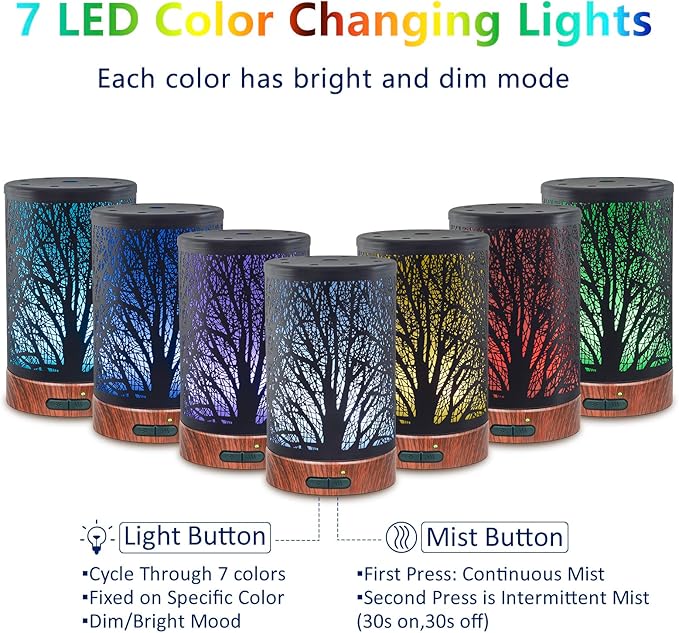 EQUSUPRO Essential Oil Diffuser 150ml Black Metal Aromatherapy Oil Diffuser Ultrasonic Cool Mist Diffuser with Auto Shut-Off Protection,7 Colors Changed LED for Home Office SPA Yoga (A-Tree) - Bloomnest