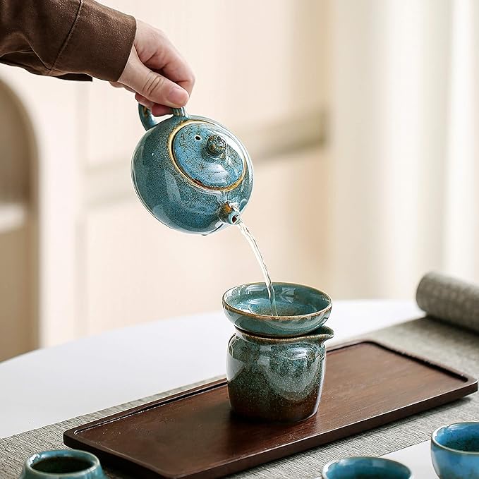 Chinese Tea Set, 10-Piece Ceramic Set with Teapot and Cups, Gongfu Tea Set,Tea Gift Sets,Outdoor and Office (Kiln-Changed Blue) - Bloomnest