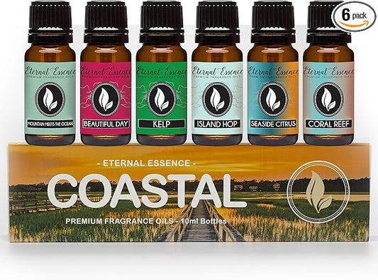 Eternal Essence Oils Coastal Set of 6 Premium Fragrance Oils - Includes Mountain Meets Ocean, Seaside Citrus, Island Hop, Kelp, Beautiful Day, and Coral Reef Scented Oils - 10ML - Bloomnest