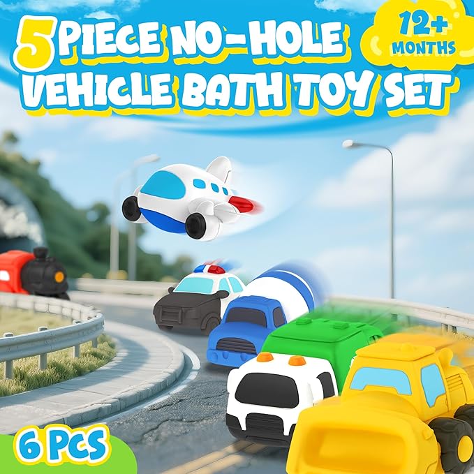 6 PCS Vehicle Floating Bath Toys Mold Free Infant Bath Tub Toys for 12 Months - No Hole Bathtub Toys for Toddlers 1-3 Water Pool Toys for Baby Toddler Ages 1+ - Bloomnest
