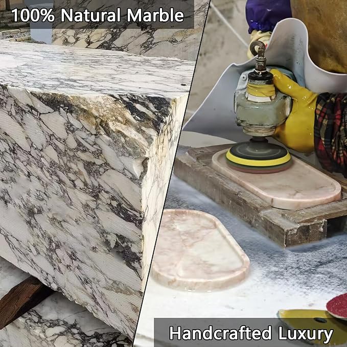 Real Luxurious Natural Marble Vanity Tray Genuine Marble Storage Tray for Home Decor Stone Tray for Bathroom/Kitchen/Vanity/Dresser Non-Resin/Non-Ceramic/Viola Oval Set - Bloomnest