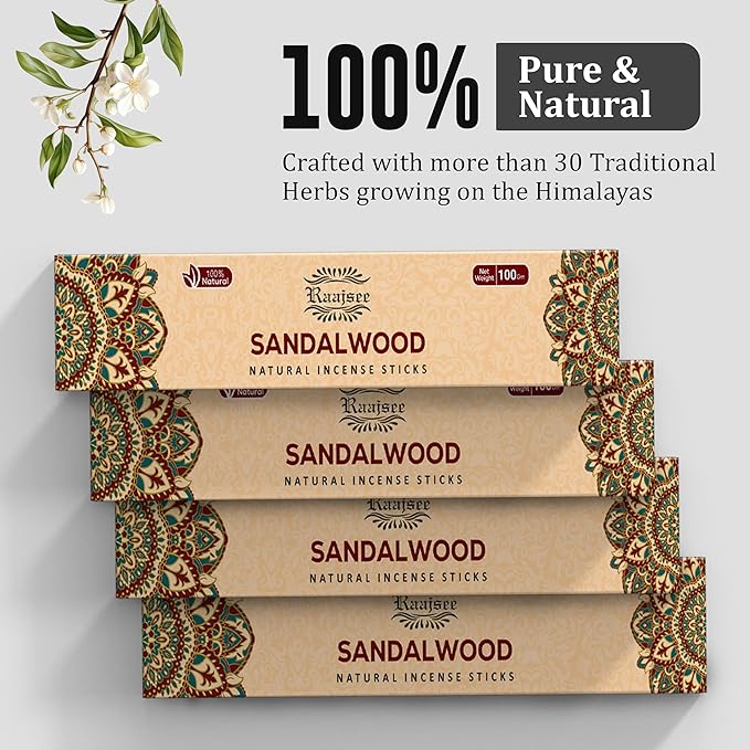 Raajsee Sandalwood Incense Sticks (180 gm), 100% Pure Organic Natural Hand Rolled Free from Chemicals - Sandalwood Incense Perfect for Aromatherapy, Cleansing, Meditation, and Church (Pack of 12) - Bloomnest