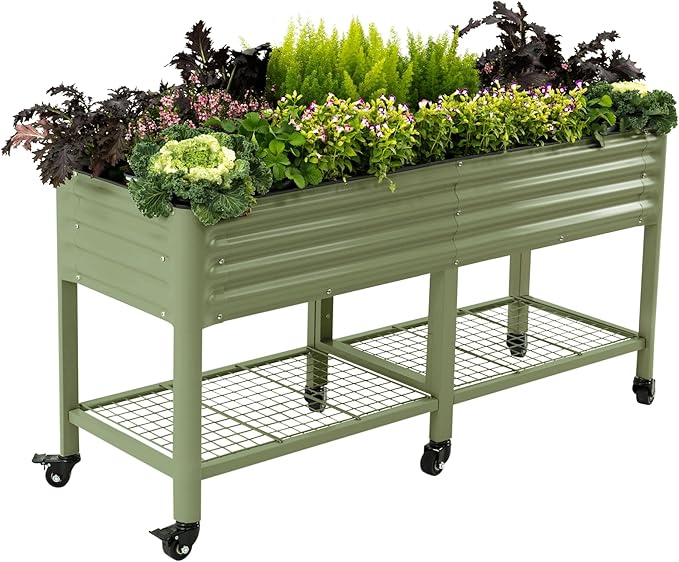 Rolling Elevated Raised Garden Bed-V Series, 2' x 6' Garden Beds with Legs & Storage Rack for Patio & Porch, 1000 Lbs Weight Capacity, Outdoor Planter Box for Vegetables Flower Herbs, Olive Green - Bloomnest