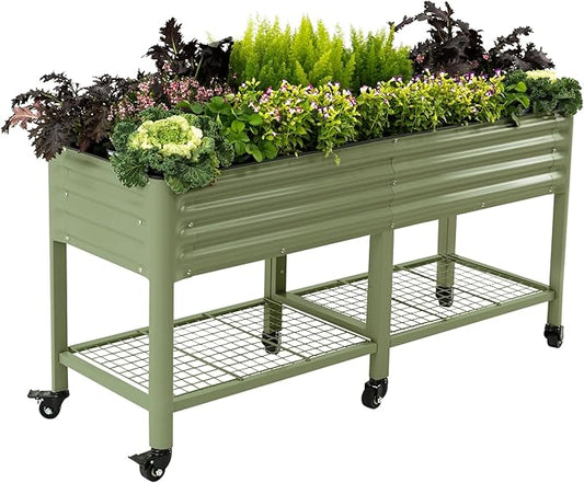 Rolling Elevated Raised Garden Bed-V Series, 2' x 6' Garden Beds with Legs & Storage Rack for Patio & Porch, 1000 Lbs Weight Capacity, Outdoor Planter Box for Vegetables Flower Herbs, Olive Green - Bloomnest