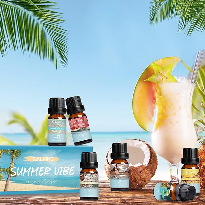 SALKING Summer Fragrance Oils Set, Premium Essential Oils Gift Set for Diffuser, Scented Oil for Soap & Candle Making - Ocean Breeze, Mojito, Coconut, Pineapple, Watermelon, Vanilla Ice Cream - Bloomnest