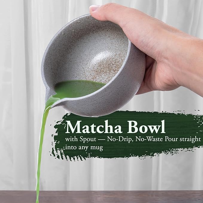Stone-Texture Gray Matcha Whisk Set with Pouring Spout – Japanese Matcha Kit with Handcrafted Ceramic Bowl, Bamboo Whisk, Scoop, and Holder for Authentic Tea Ceremony - Bloomnest