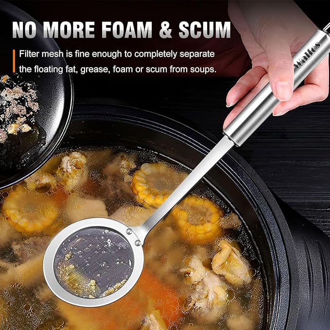 Walfos Skimmer Spoon,304 Stainless Steel Fine Mesh Strainer,Foam Strainer Oil Filter,Ultra Fine Mesh Strainer Perfect For Separation Of The Floating Foam,Fat,Set fo 2 - Bloomnest