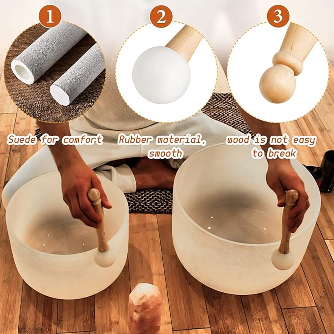 Nuanchu 3 Pieces Crystal Singing Bowl Mallet Set, Include Thick Suede Striker Solid and Hollow Sound Bowl Stick, Crystal Singing Bowl Rubber Mallet with Wood Handle for Playing Bowl(Silver) - Bloomnest