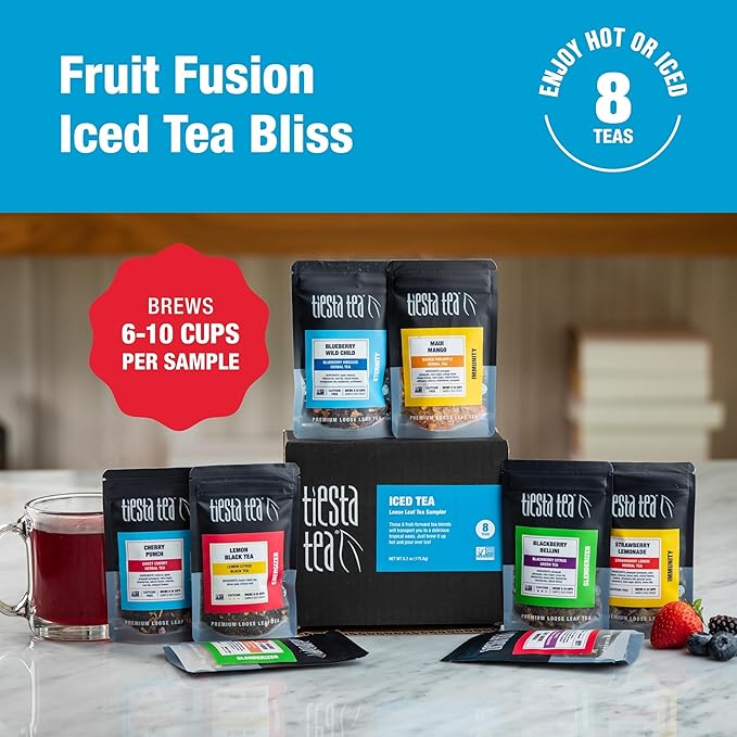 Tiesta Tea - Iced Tea Sampler Dry Flight Set, Loose Leaf, High to No Caffeine, Makes Cold Brew Iced Drink, Assorted Brew Sets with Herbal, Black, Fruit Blends & More, 8 Resealable Sample Pouches - Bloomnest