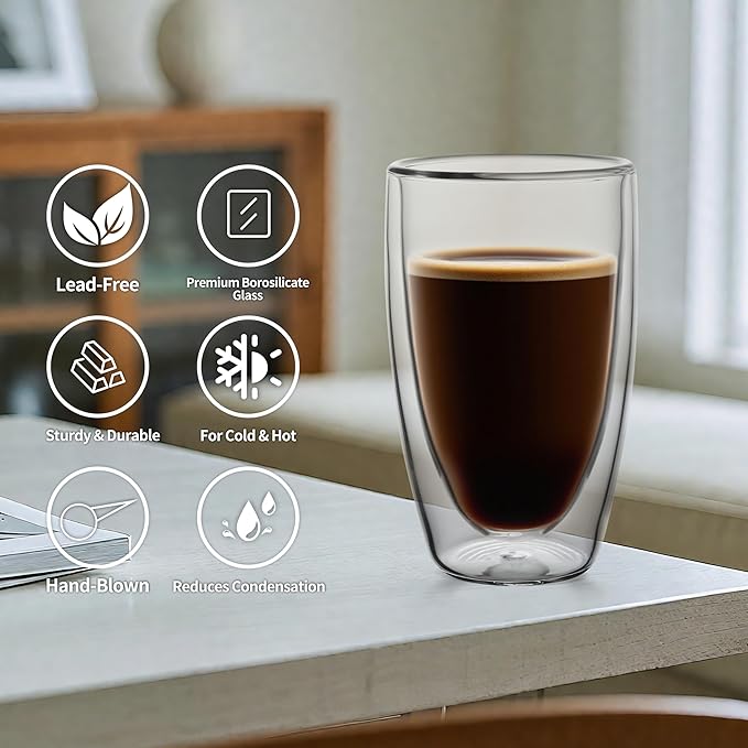 NIRA.Z 2 Pack16oz Double Wall Glass Coffee Mugs, No Hole Bottom, Insulated Borosilicate Glass Coffee Cups, Clear Mugs for Hot & Cold Beverages, Perfect for Espresso, Latte, Tea, Cappuccino - Bloomnest