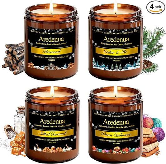 Winter Candles Set | 4 Pack Holiday Scented Candles - Cozy Winter Soy Candle Scents of Warm Cashmere/Firewood/Cedar & Fir/Salted Caramel - Christmas Candle Gifts for Women Men, Holiday Home Décor - Bloomnest