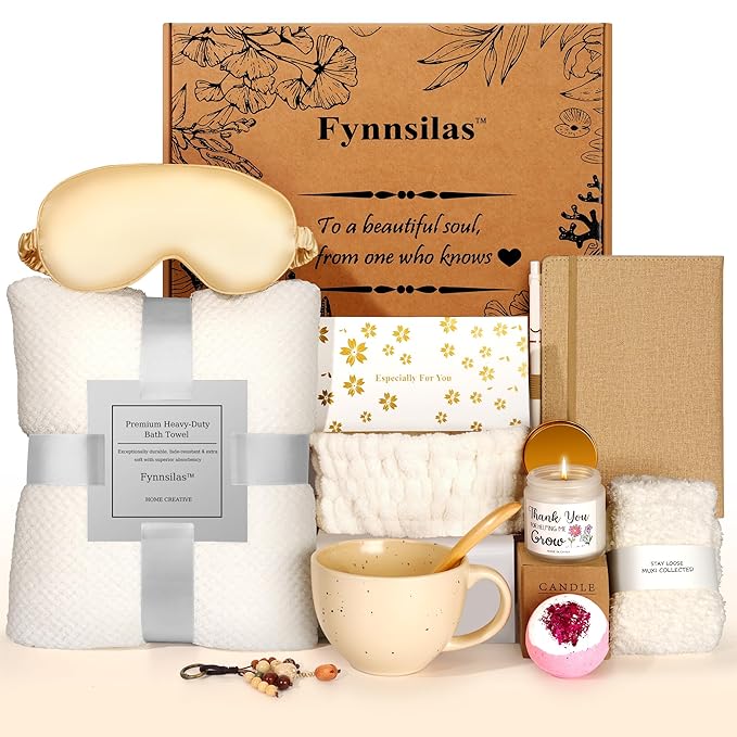 Self Care Gifts for Women - Luxury Spa Gift Baskets Care Package w/ Bath Bombs, Scented Candle & Plush Blanket Stress Relief Kit for Her New Moms & Working Women - Mother's Day/Birthday Present - Bloomnest
