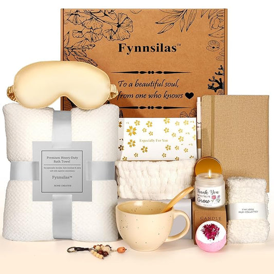 Self Care Gifts for Women - Luxury Spa Gift Baskets Care Package w/ Bath Bombs, Scented Candle & Plush Blanket Stress Relief Kit for Her New Moms & Working Women - Mother's Day/Birthday Present