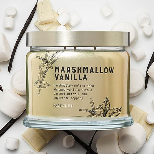 PartyLite Marshmallow Vanilla Scented with Caramel & Sugarcane Notes, 13.2oz 3-Wick Jar Candle, 45 Hour Burn Time, Luxurious Fragrance, Ideal for Gifting - Bloomnest