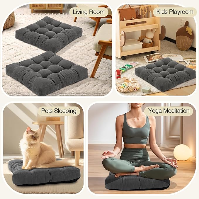 Floor Pillow Cushions for Adults Sitting Large Big Pillows for Floor Seating Square Memory Foam Thick Tufted, 22 x 22 Inch, Set of 2, Natural Linen - Bloomnest