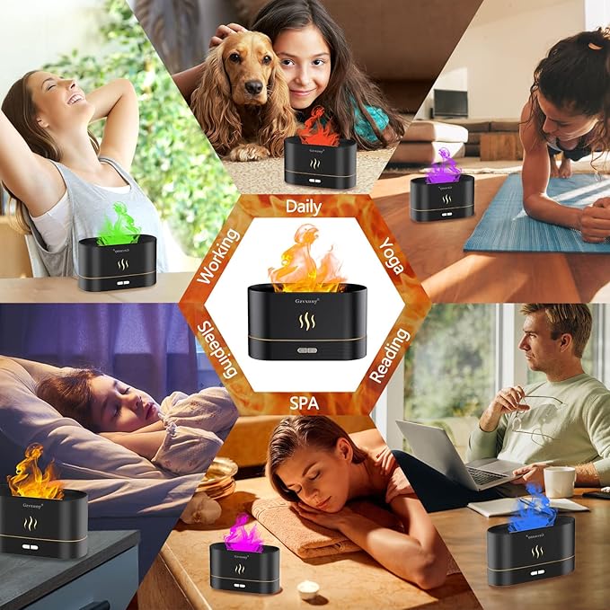 Flame Essential Oil Diffuser, Upgrade 7 Colour Lights Aromatherapy Diffuser, Super Quiet Air Humidifier, Electric Aroma Diffuser, Waterless Auto-Off for Home Office Room - Black - Bloomnest