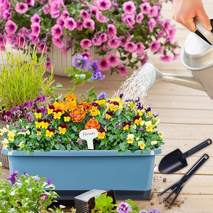 Window Box Planter 6 Pcs, 17 Inches Rectangle Flower Pots with Drainage Holes and Trays, Vegetable Planters for Windowsill Patio Garden Balcony Home Indoor Outdoor (Blue, 18 * 10 * 6 inch) - Bloomnest