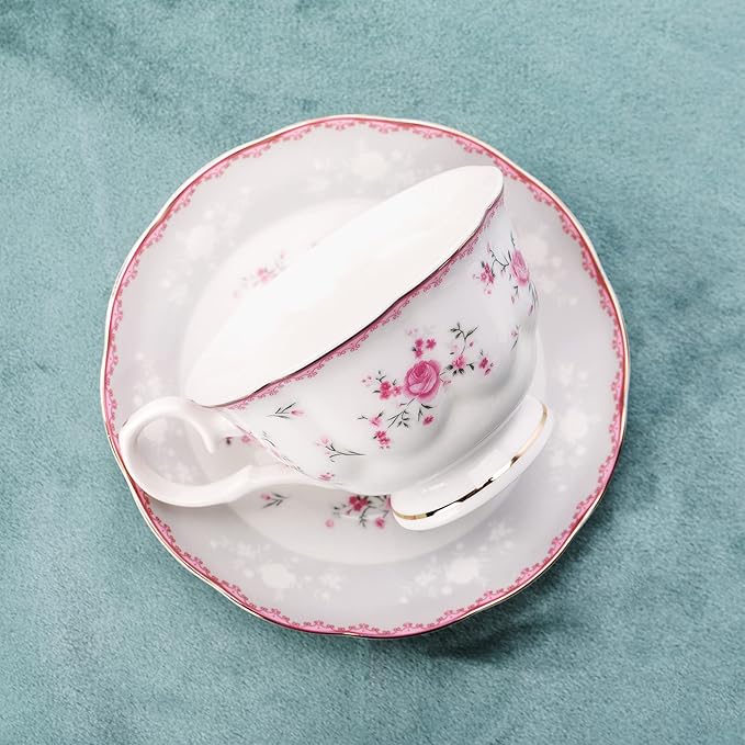 fanquare Vintage Porcelain Tea Set for Women Tea Party, Cup and Saucer Set for 6, Wedding Floral Teapot Set for Adults, Pink Rose - Bloomnest