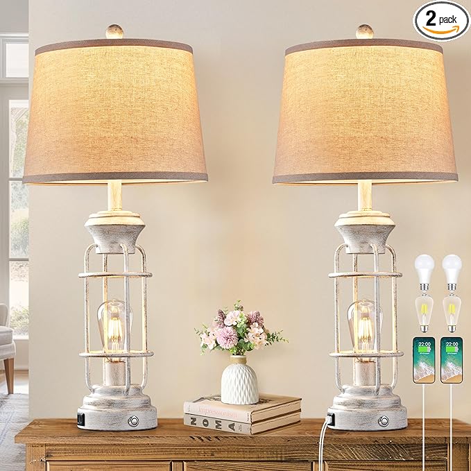 Farmhouse Lamps Set of 2, 28.5" Touch Lamps for Nightstand with USB C+A Ports, LED Bulbs Included - Bloomnest
