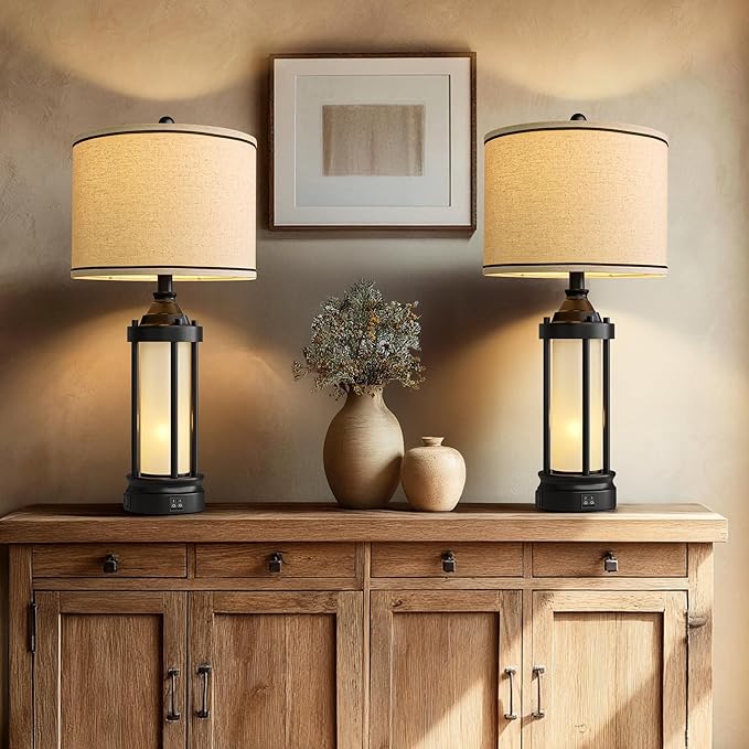 25'' Table Lamps for Bedroom Living Room Lamps Set of 2 Farmhouse Nightstand Bedside Lamps with USB Ports, Built-In Frosted Glass Night Light Industrial Metal Night Stand Lamp, Bulbs Included, Black - Bloomnest
