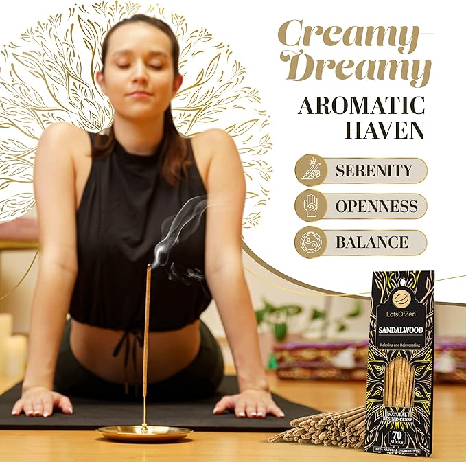Sandalwood Incense Sticks (70 Pack) - Natural 7.8" Incense for Cleansing, Meditation & Spiritual Healing - Pure Sandal Wood Resin, Long-Lasting Burn Time LotsOfZen