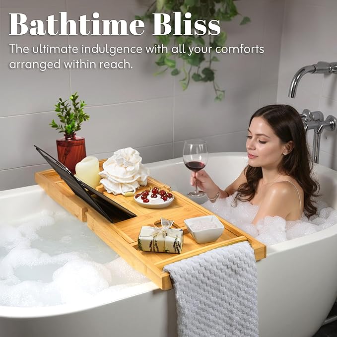 Home It Premium Foldable Bathtub Tray - Bamboo Waterproof Bath Tray for tub Caddy - Wooden Holder for Wine, Book, Soap, Phone, Luxury Gift for Men & Women - Expandable, Fits Most Tubs in Bathroom - Bloomnest