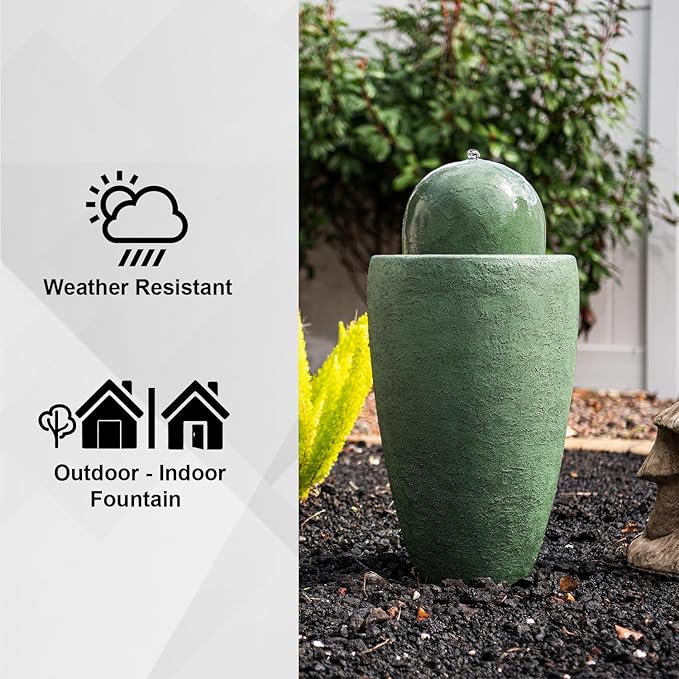 XBrand 25.98" H Round Stone Indoor/Outdoor Modern Stone Textured Sphere Water Fountain w/LED Lights, Green - Bloomnest