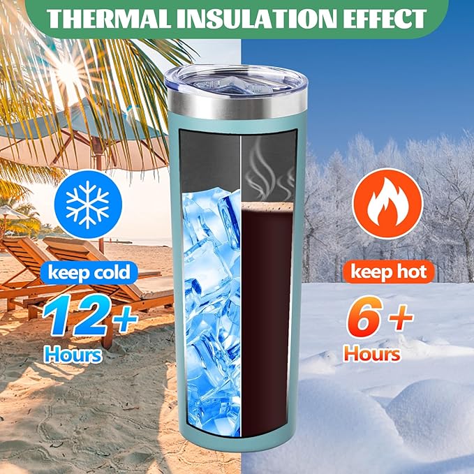 20 oz Skinny Tumblers with Lid and Straw,Stainless Steel Vacuum Insulated Tumbler Cup Double Wall Travel Coffee Mug, Thermal Water Tumbler for Hot and Cold Drinks(Glacier blue,4) - Bloomnest