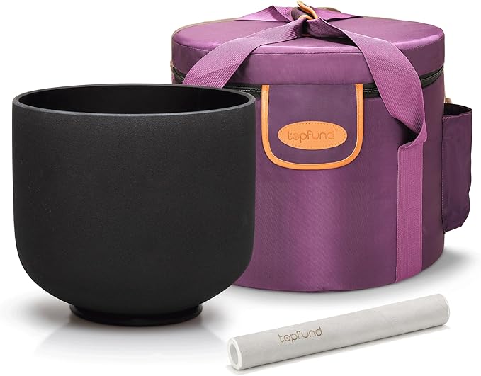 TOPFUND Black D# Note Crystal Singing Bowl Navel Chakra 8 inch with Heavy Duty Carrying Case and Suede Mallet