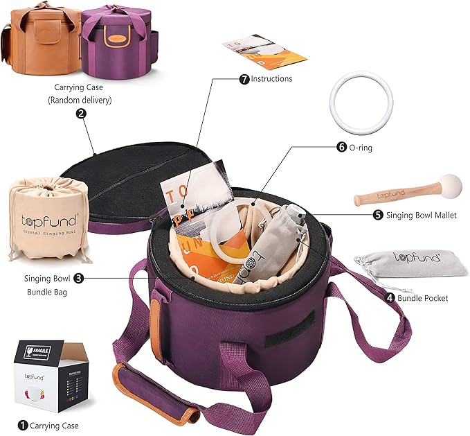 TOPFUND Purple B Note Crystal Singing Bowl Crown Chakra 10" with Heavy Duty Carrying Case and Suede Mallet