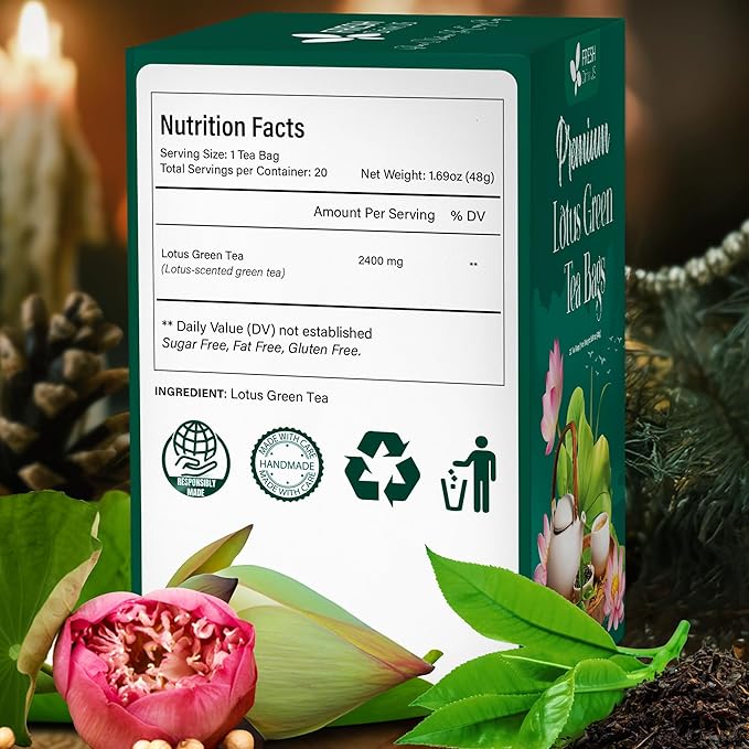 FreshDrinkUS, Premium 20 Tea Bags of Lotus Green Tea, 100% Natural. Exquisite Flavor, Handpicked Leaves, Perfect for Tea Lovers. No Sugar, No Gluten, Vegan. - Bloomnest