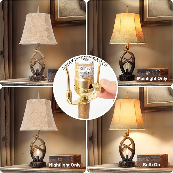 Scenekoy Rustic Farmhouse Antlers Bedside Table Lamp Set of 2 with Nightlight Dual USB Ports Leather Soft Bell Shade Brown Finish nightstand Lamp Decor for Living Room Bedroom Office House Hotel - Bloomnest