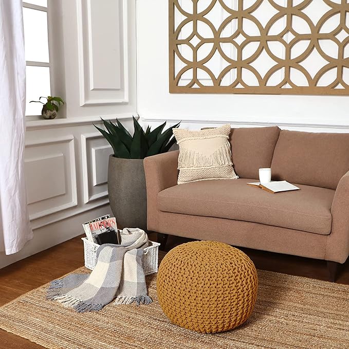 REDEARTH · Round Pouf Ottoman - Hand Knitted Cable Boho Poof Home Décor Pouffe Circular Footrest for Living Room - Bedroom - Lounge - Nursery - 100% Cotton Poufs (19.5"x19.5"x14") - Mustard - Bloomnest