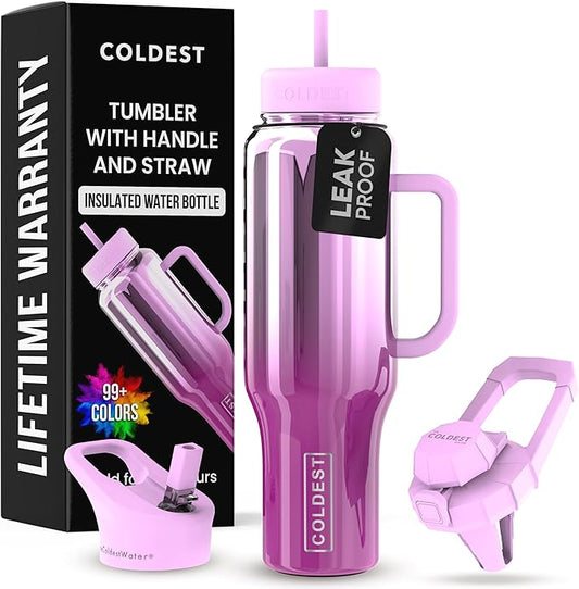 Coldest Tumbler with Handle and Straw - 100% Spill Proof Tumbler with Straw (3 Lids) - Stainless Steel Insulated Leakproof Tumblers for Women & Men - Cup Holder Friendly - 46 oz (Verbena Nova) - Bloomnest