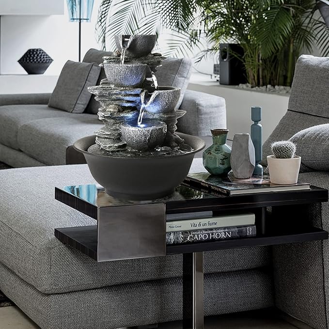 WICHEMI Indoor Water Fountain Tabletop Fountains Waterfall Fountain Indoor Water Feature Feng Shui Zen Meditation Cascading Desktop Fountains with LED Light for Home Office Indoor Decor (Style 15)