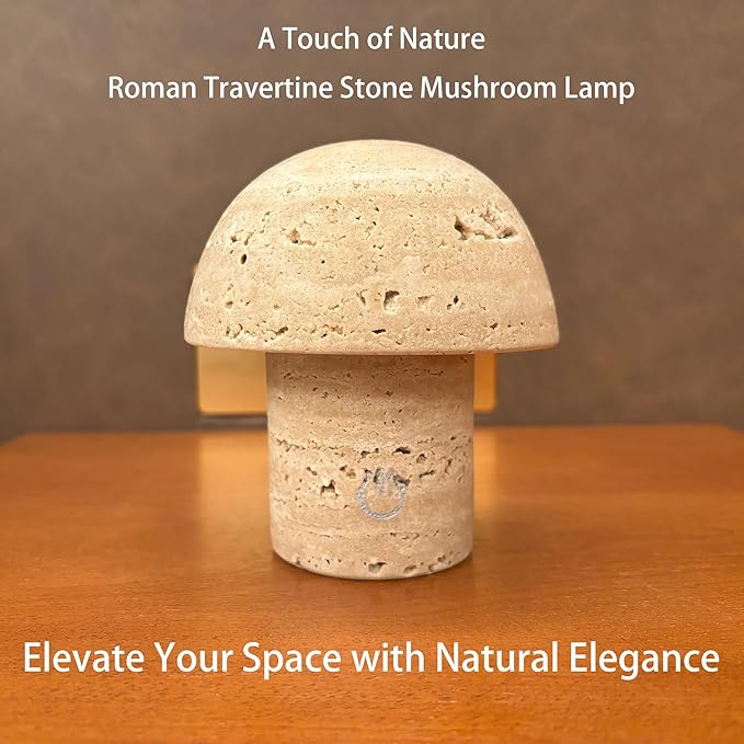 Natural Stone Mushroom Lamp - Handcrafted Travertine Night Light, Rechargeable with Type-C, Dimmable LED Accent Light for Bedroom & Living Room - Bloomnest